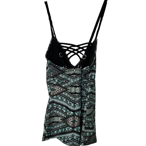 AMBRIELLE SWEETHEART NECKLINE TANK TOP, WOMENS, M, GREEN GOLD WHITE ABSTRACT - Picture 7 of 9